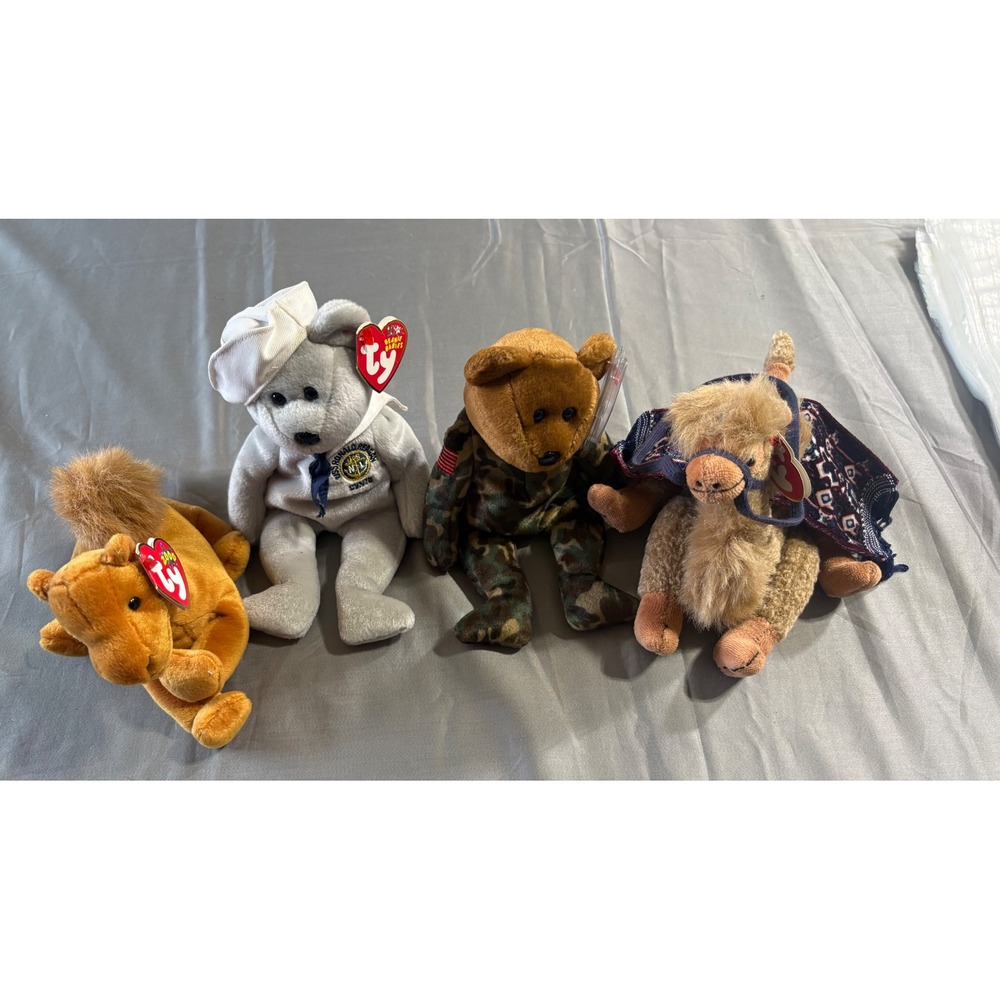Ty Beanie Babies Lot of 4 USS Ronald Reagan Sailor Hero Camo Nuts Camel Plush